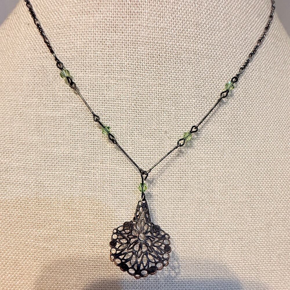Vintage 18” Filigree Pendant Necklace Green Beads